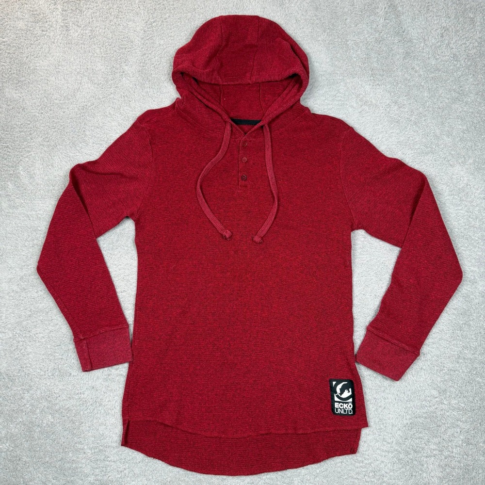 Ecko Unltd Mens Henley Hoodie Maroon Waffle Knit Long Sleeve Pullover Medium